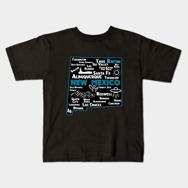 Cute map of Raton New Mexico Albuquerque Map Santa Fe Los Alamos, Taos,Roswell Las Cruces Deming Carlsbad Silver City Kids T-Shirt by BoogieCreates